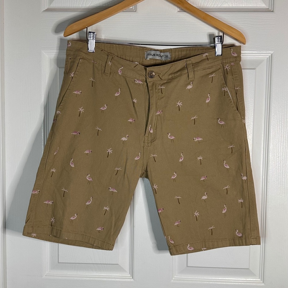 True Rock Mens Khaki Flamingo Palm Tree Print Chino Shorts Size 38 Stretch Tan